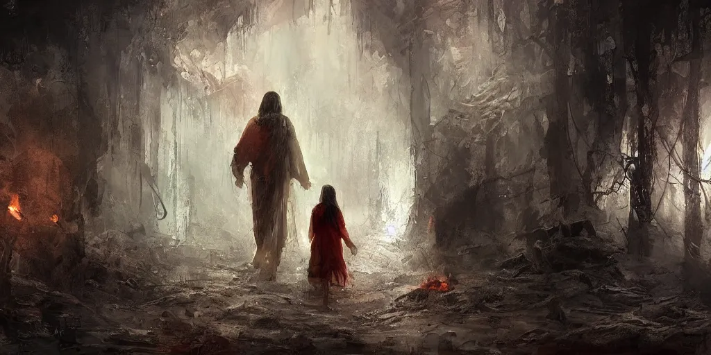 Image similar to Jesus Christ, walking through hell, a fantasy digital Painting, by Richard Schmid