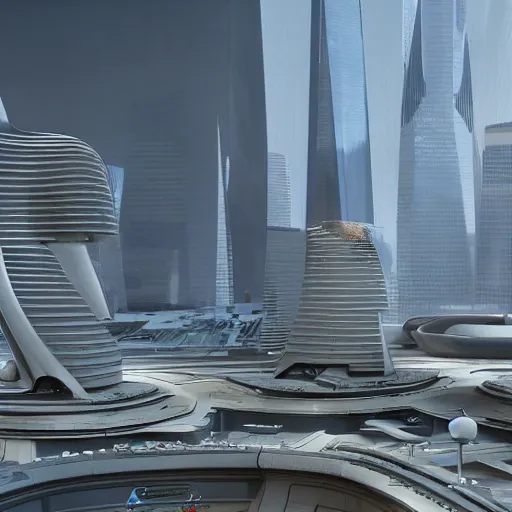 Image similar to archviz of Star Fleet Headquarters in San Francisco of the future, 2409, octane, vray, hyperrealistic
