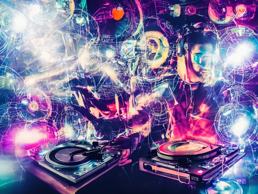 Image similar to a person wearing goggles and visor and headphones using a retro record player contraption, hologram, turntablism dj scratching, light trails, screens, smoky atmosphere, intricate planetary gears, cinematic, imax, sharp focus, leds, bokeh, iridescent, black light, fog machine, hazy, lasers, hyper color digital art