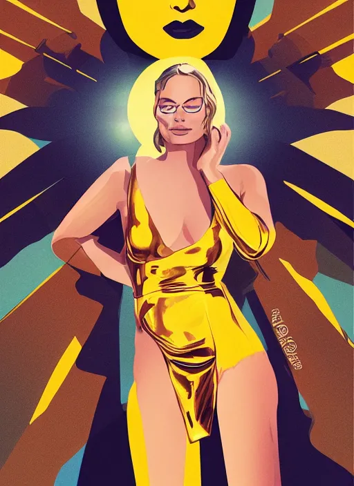 Prompt: detailed Illustration of stunning Margot Robbie in a Solarpunk leather robe, abstract sun in background, accurate anatomy, full body portrait, shiny skin, soft lighting, sharp details, warm colors, studio portrait, 35 mm film, subsurface scattering, lens flare