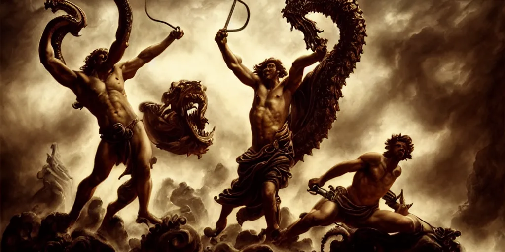 Prompt: Heracles slaying the Lernaean Hydra, by Rolf Armstrong and Evelyn De Morgan and Bastien Lecouffe-Deharme, dramatic lighting, high contrast colors, baroque, empyrean, panoramic view, as trending on Artstation, highly detailed, doom engine,