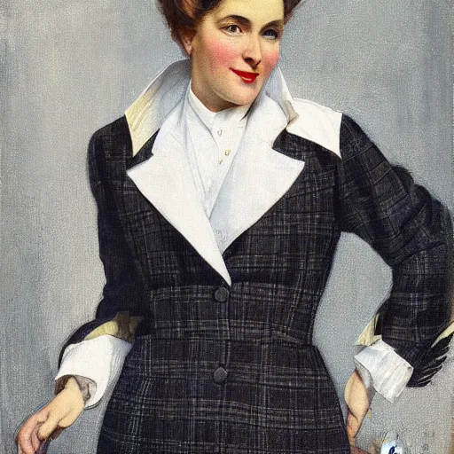 Prompt: portrait of a woman with a plaid blazer and a high ponytail, by j. c. leyendecker