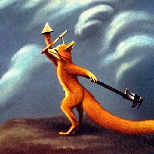 Prompt: anthropomorphic fox who is a medieval knight holding a sword towards a stormy thundercloud, 1 9 3 0 s film still