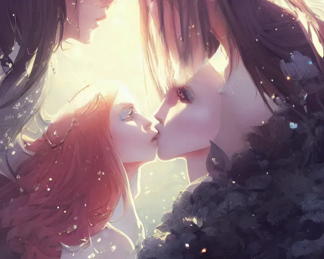 Image similar to two beautiful girls kissing, sharp details, sharp focus, elegant, highly detailed, illustration, by jordan grimmer and greg rutkowski and pine ( ハイネ ) and 薯 子 imoko and 香 川 悠 作 and wlop and maya takamura, intricate, beautiful, trending artstation, pixiv, digital art