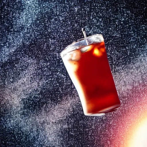 Prompt: glass of soda floating in space