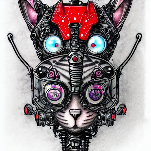 Image similar to trash polka tattoo sketch 2 d cartoon cybernetic kitten and evil unicorn robot, pencil drawing, clear lines, fractals, hard style, elaborate details, black and red, steampunk, background white paper, 4 k, ultra detailed