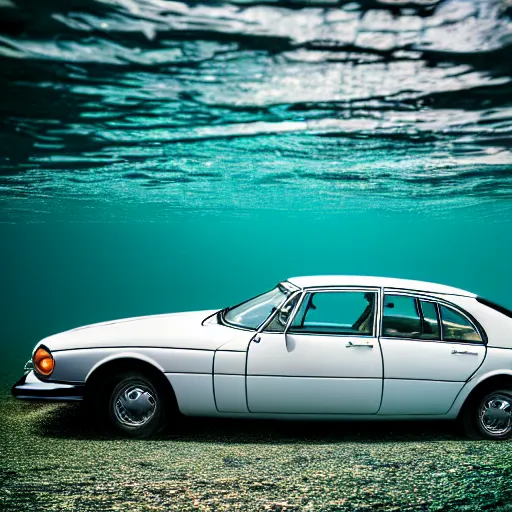 Image similar to hyperrealistic photo of an old jaguar car, half underwater in a swimming pool, 4 k, 8 k, thin film, full shot