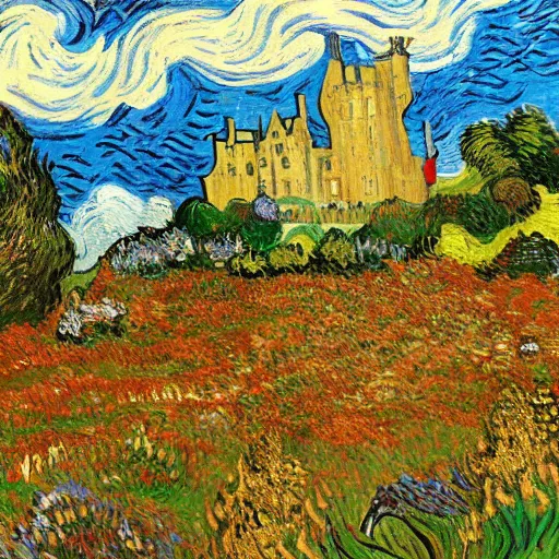 Image similar to a lovely scottish castle in a wide field, surrounded by flowers warm lighting in the style of Vincent Van gogh