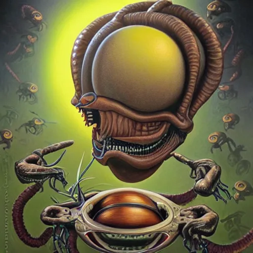 Xenomorph life cycle, eggfacehuggerdrone painting by Stable
