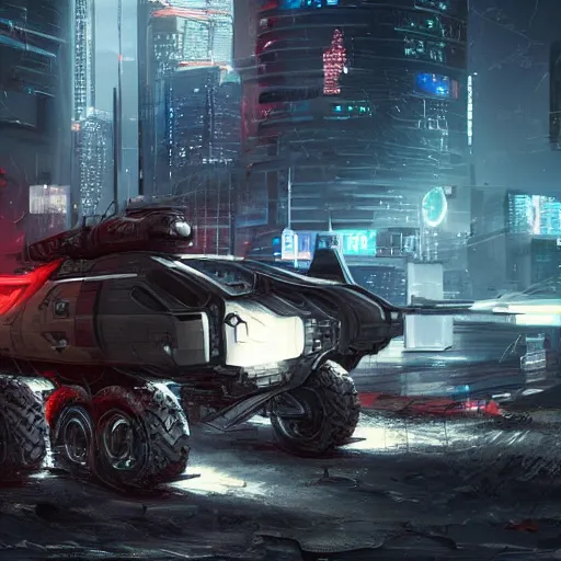 Image similar to cyberpunk military vehicles in combat, realistic, night time, bright explosions, shooting