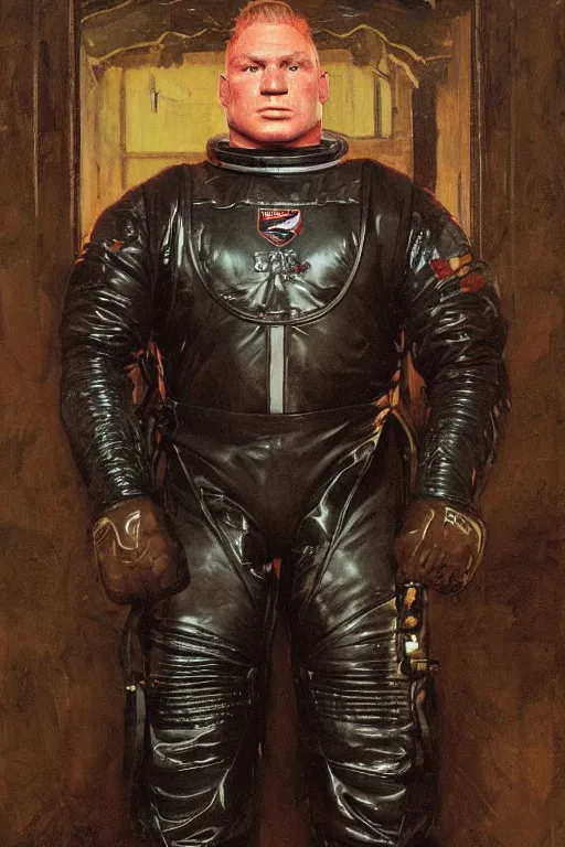 Image similar to upper body portrait of brock lesnar wearing leather spacesuit in victorian living room, illustration by norman rockwell, jacob collins, artstation character art, greg rutkowski