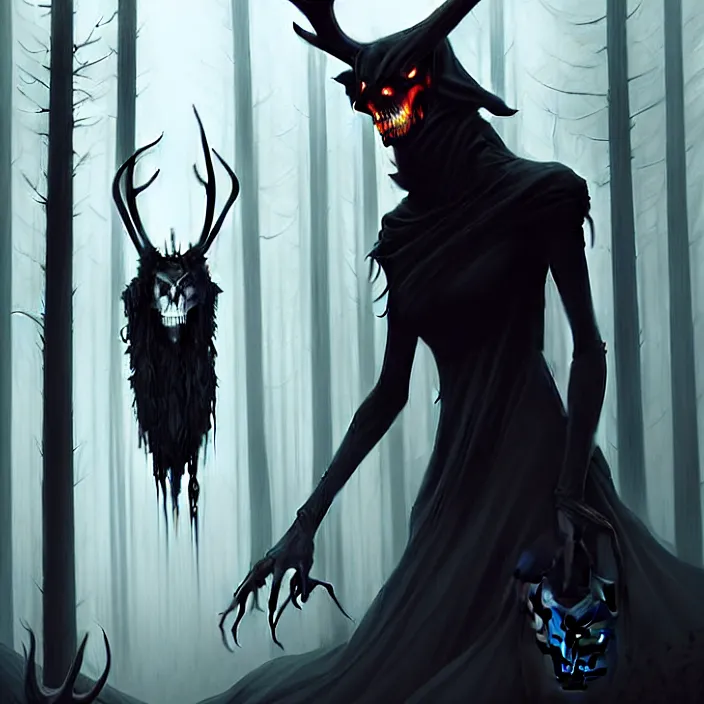 Image similar to style artgerm, joshua middleton, diego fazio, hubert robert : : scary wendigo with antlers and skull face mixed with werewolf : : [ beautiful witch wearing a black dress, symmetrical face, on the right side ] : : in the forest, detailed, dark and foggy, cinematic lighting