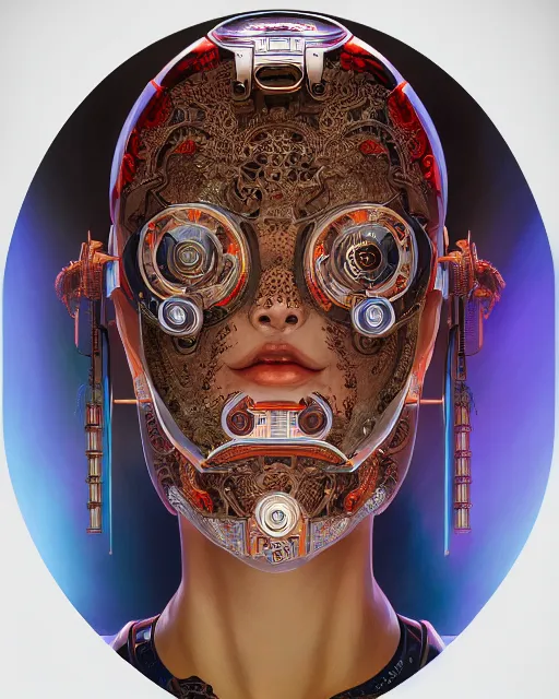 Image similar to portrait of a cyberpunk machine, machine face, upper half portrait, decorated with chinese opera motifs, asian, fine china, traditional chinese art, intricate, elegant, highly detailed, symmetry, headpiece, digital painting, artstation, concept art, smooth, sharp focus, illustration, art by artgerm and greg rutkowski and alphonse mucha, 8 k