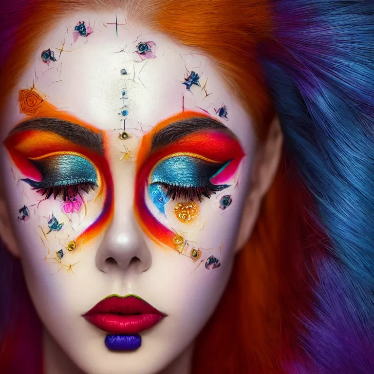 Prompt: amazing closeup symmetrical portrait of a young woman with beautiful colorful make up by Sir John, Pat McGrath, perfect colorful eyeshadows, 50mm portrait, beautiful detailed intricate insanely detailed octane render trending on Artstation, 8K artistic photography, photorealistic, dramatic volumetric cinematic perfect light, chiaroscuro, award-winning photograph, masterpiece, Raphael, Caravaggio, harsh flash photography