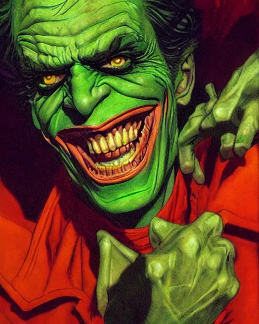 Image similar to portrait of green goblin as the joker, portrait photography, art by makoto shinkai and peter elson, bernie wrightson