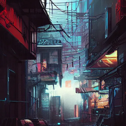 Prompt: epic digital matte paining of a dark alleyway in a cyberpunk city at nighttime by jama jurabaev and denis villeneuve, extremely detailed, artstation