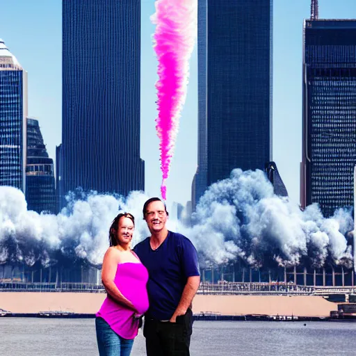 Image similar to a close up of a smiling couple of parents to be, in front of 9 / 1 1 with pink smoke, 1 2 0 mm, clear details, award winning