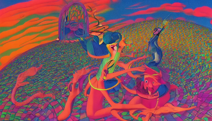 Image similar to musical goddess performing in the dome outside Osaka, surrealist psychedelic collage painting in the style of Magritte, Roger Dean, Yoshio Awazu, muted deep neon color