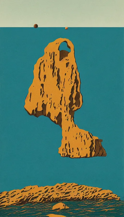 Image similar to a poster about Percé Rock, a rock with a hole in it in the sea, by Bauhaus and John Baldessari