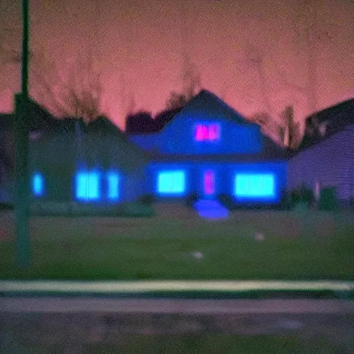 Prompt: low quality cellphone photograph footage of an empty dark suburban neighborhood at night, liminal space, eerie horror mood, chromatic aberration, jpeg artifact