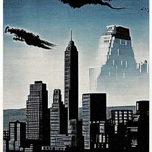 Prompt: albany skyline, godzilla attacking the corning tower, old movie