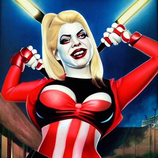 Prompt: portrait of Sara Netanyahu as Harley Quinn by Alex Ross