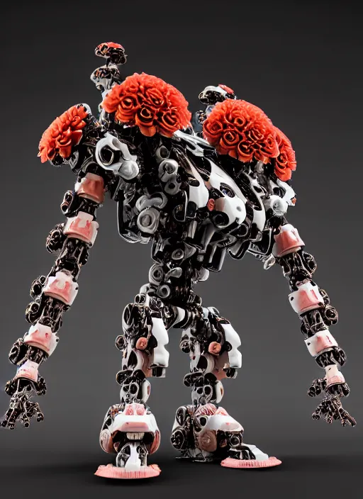 Prompt: biomechanical black mecha carrying perfume bottle enchanted coral kingdom made of corals, daisies, roses in an ivory room well contoured smooth fair walls, up close shot, sharp focus, global illumination, radiant light, alexandre ferra white mecha, irakli nadar, octane highly render, 4 k, ultra hd,