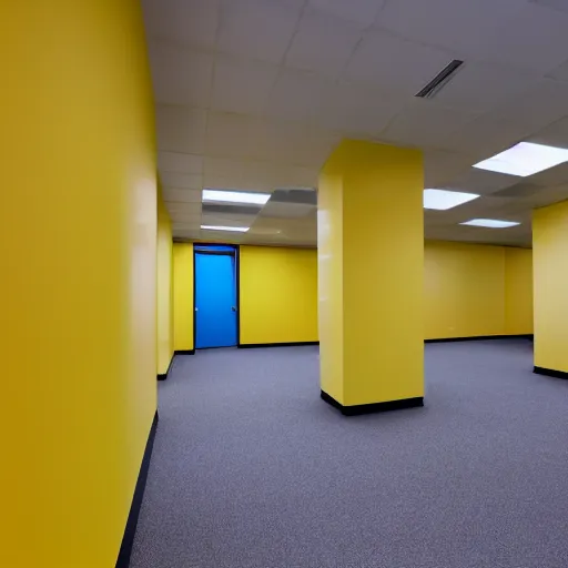 Image similar to A color film photograph of an empty endless office space, yellow walls, moist carpet, fluorescent lights, no furniture, no windows