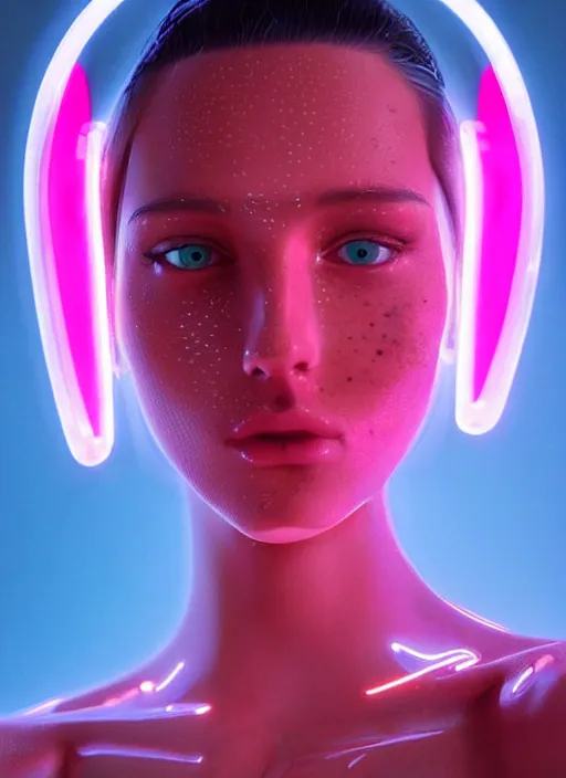 Image similar to a sensual russian female humanoid with freckles cheeks, cyber neon lighting, futurism, intricate futuristic jewelry accessories, cyberpunk glossy latex swimsuit, profile posing, hyper photorealistic, crispy quality, digital photography, trending in artstation, trending in pinterest, cinematic, 4 k ultra hd, art by pascal blanche, art by greg rutkowski,