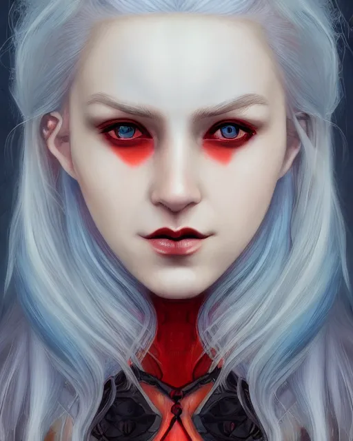 Image similar to A detailed matte oil on canvas head on symmetrical portrait of a distinguished elven woman with split red and blue hair on an empty background, by Charlie bowater, Wlop, trending on artstationhd, dungeons and dragons art, parted hair , half blue, half red , split dye, critical role