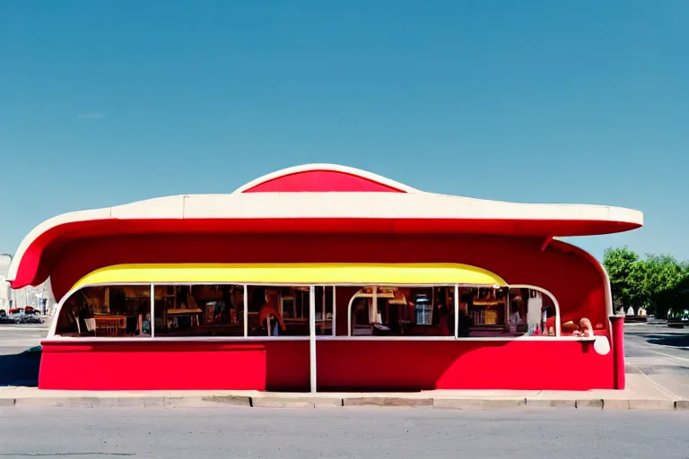 Prompt: 1 9 7 5 googie popsicle, people sitting at tables, googie architecture, two point perspective, americana, restaurant exterior photography, hd 4 k, taken by alex webb