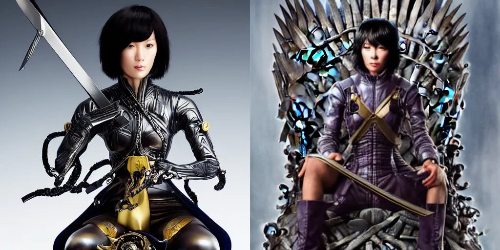 Prompt: portrait of motoko kusanagi holding luxurious dagger sitiing on the iron throne, face is highly detailed, by ayami kojima, yoshitaka amano, josan gonzalez, masamune shirow, dan mumford