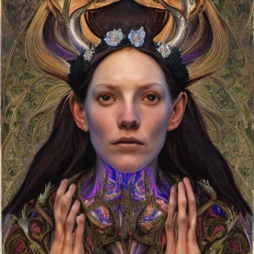 Image similar to the bone crown, by Annie Swynnerton and Nicholas Roerich and Donato Giancola, embroidered robes, floral tattoos, bioluminescent, elaborate costume, geometric ornament, symbolist, soft colors, dramatic lighting, smooth, sharp focus, extremely detailed