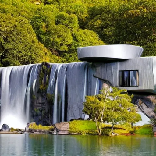 Prompt: a futuristic modern house, on a floating rock island, alien planet covered in water, multiple waterfalls, multiple moons glowing, stars, frank gehry,