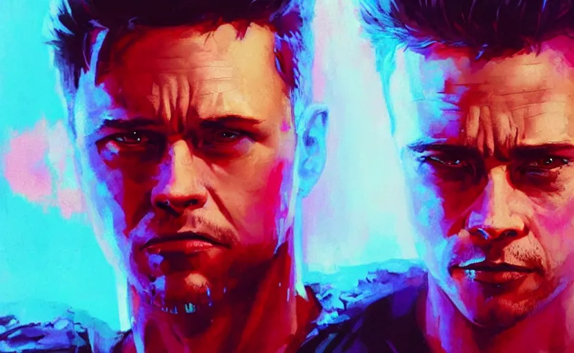 Image similar to portrait of fight club Tyler Durden in cyberpunk, neon lighting, night city, digital art from artstation by Ruan Jia and Mandy Jurgens and Artgerm