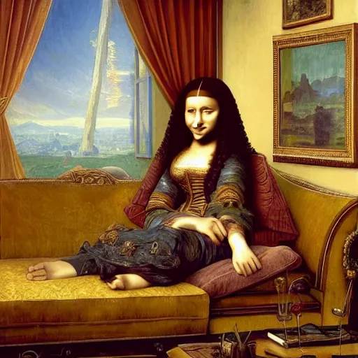 Image similar to Monalisa is sitting on her living room couch. She is dressed casually and is watching TV, Regal, Realistic, Refined, Detailed Digital Art, Josephine wall, Oil Painting, William-Adolphe Bouguereau, Art Frahm, Esao Andrews, Steampunk, Walt Disney (1937), Highly Detailed, Cinematic Lighting, Unreal Engine, 8k, HD