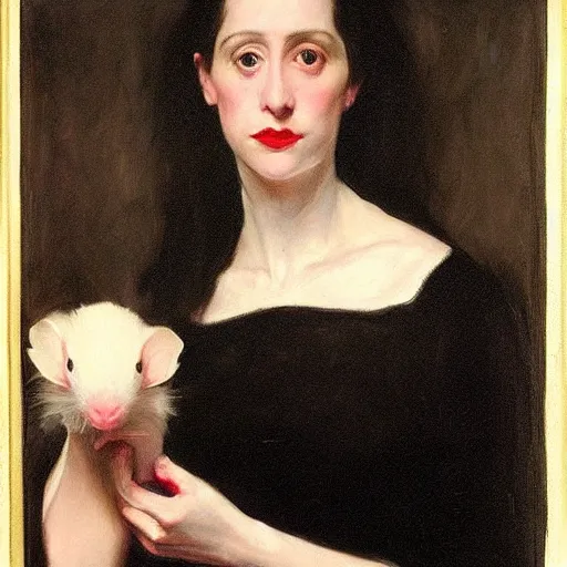 Prompt: “ a portrait of a dark haired girl holding an albino rat, very detailed, oil painting, madame x, dark background, by of john singer sargent ”