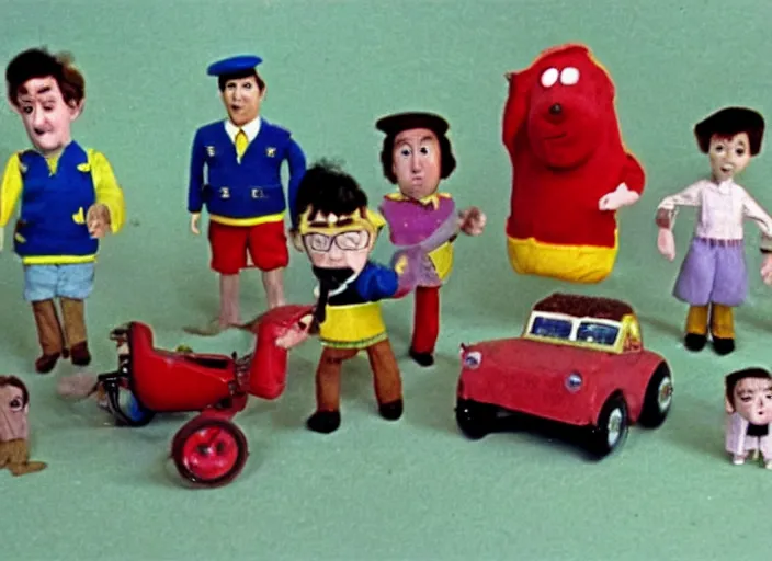 Image similar to a scene from a 1 9 7 0 s british kids tv programme by the bbc and oliver postgate, stop motion animation, postman pat, vhs distortion