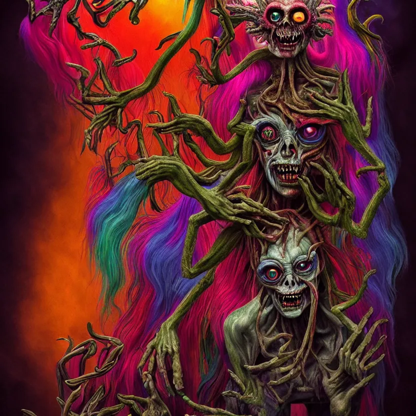 Prompt: a beautiful, colorful, flesh - eating, whimsical demon with rainbow fur, seven arms, seven legs, three heads, by alexandro judorowski and basia tran, fear, morbid, nightmare, supernatural, 8 k, digital art, highly detailed, chiaroscuro, creepy, terrifying