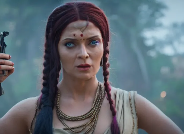 Image similar to film still of real life leela with ponytail in the new scifi movie, 4 k