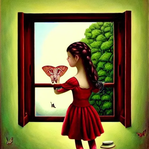 Image similar to a painting of a girl looking out a window at a moth, a storybook illustration by mark ryden, featured on deviantart, pop surrealism, storybook illustration, whimsical, detailed painting