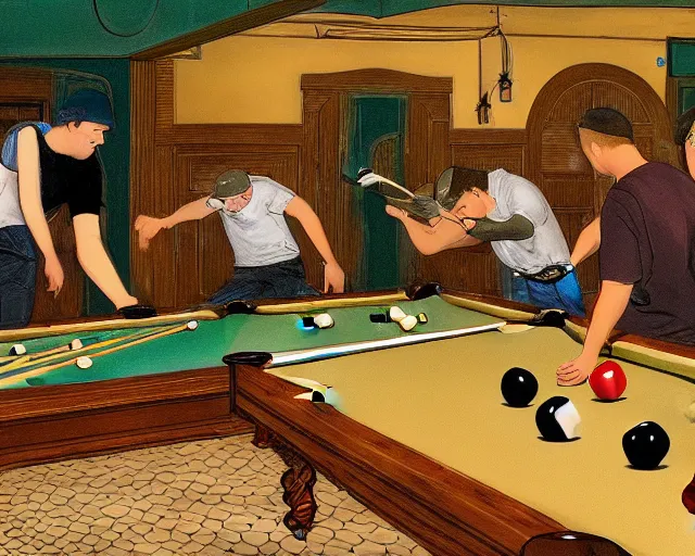 Prompt: a group of pangolins playing billiards in a dive bar