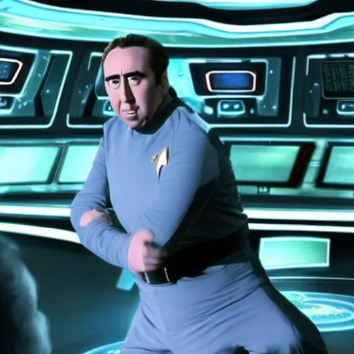 Image similar to a fat nic cage playing captain kirk in star trek, hd digital photography, movie still