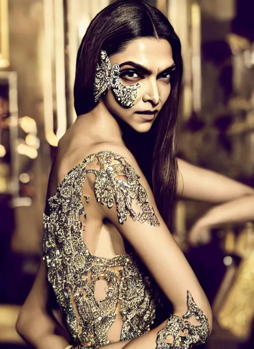 Prompt: A beautiful portrait of Deepika Padukone as a model at Versace fashion show Paris Spring/Summer 2018, highly detailed, in the style of cinematic, fashionweek backstage, makeup by Pat Mcgrath, Shot by Bruce Weber