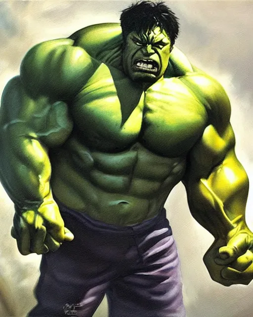 Image similar to a moody oil painting of the incredible hulk looking angry at noon in a city by simone bianchi