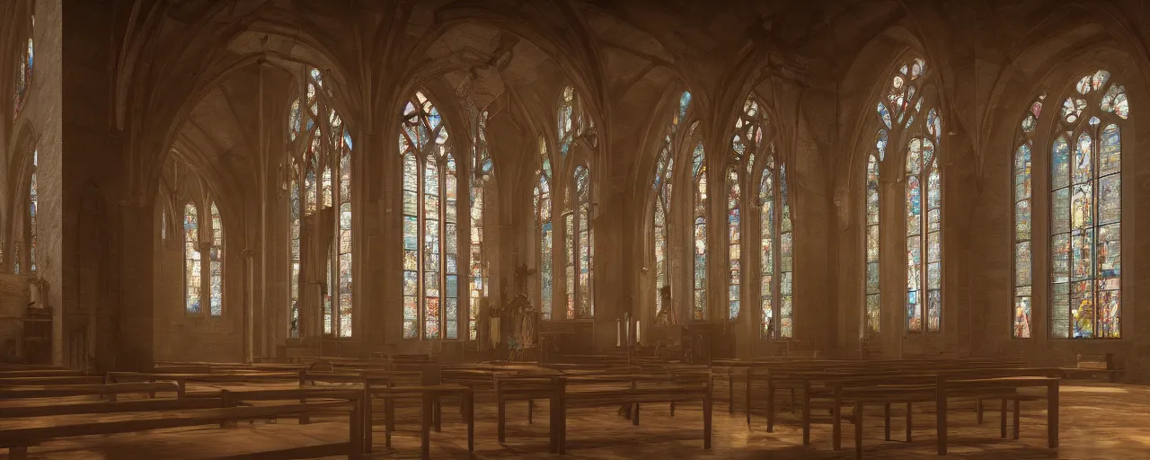 Image similar to a church with stained windows where old me come to pray, atmospheric, mist, epic, photorealistic, realistic, rule of thirds, extremely detailed, 4 k, 8 k, unreal engine 5 render, rim lighting, rtx, ray traced lighting, shot on 3 5 mm, film grain