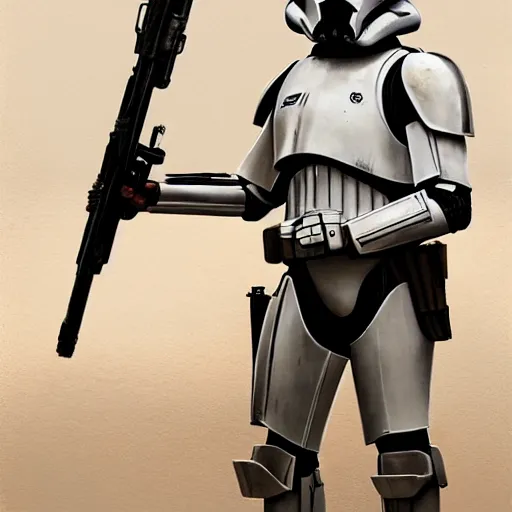 Image similar to an imperial stormtrooper walking, full body photography, extremely long shot, long shot, full-length, head-to-toe, concept art by Doug Chiang cinematic, realistic painting, high definition, concept art, the Mandalorian concept art style