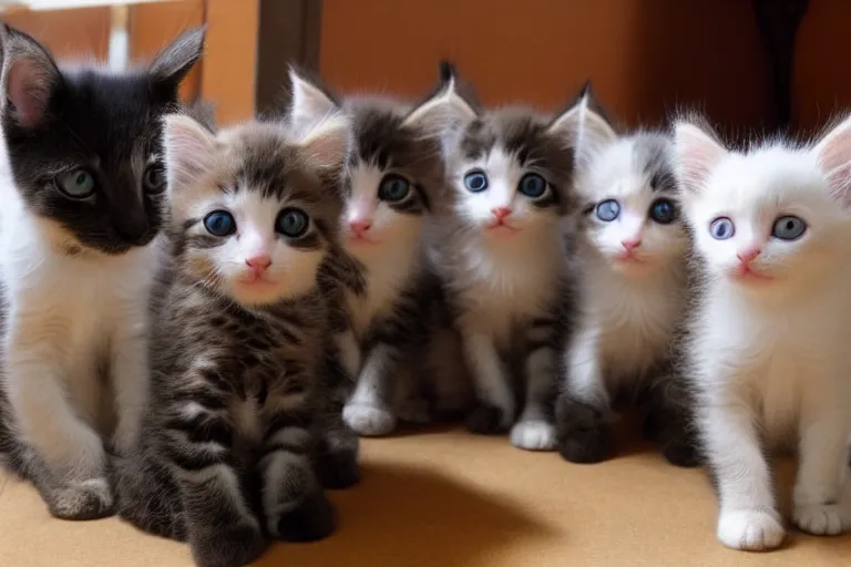 Image similar to exactly five kittens in a room and the kittens are looking directly into the focal point of the camera