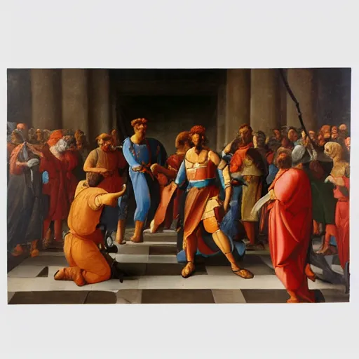 Image similar to alexander cutting the gordian knot, painting by raphael