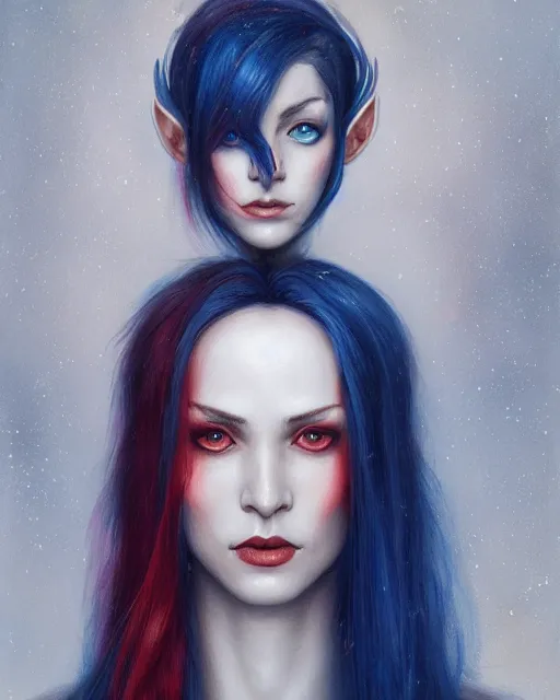 Prompt: A detailed matte oil on canvas head on symmetrical portrait of a distinguished elven woman with split red and blue hair on an empty background, by Charlie bowater, Wlop, trending on artstationhd, dungeons and dragons art, parted hair , half blue, half red , split dye, critical role